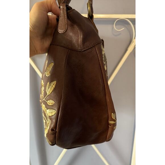 Anthropologie Brown Leather Bag With Gold Rose Embroidered Fairy Princess - Picture 4 of 10